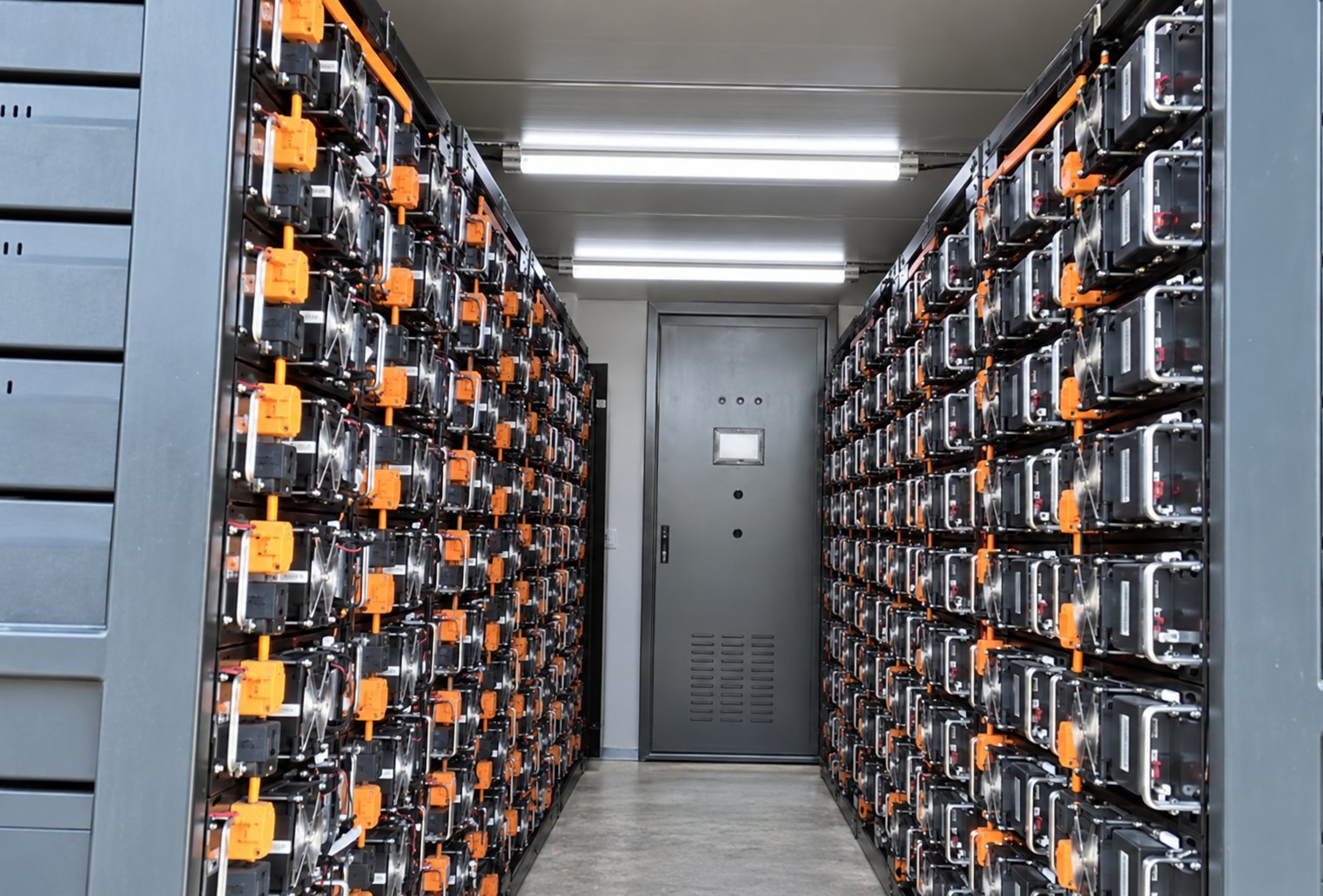 Interior equipment racks on both sides of a lit central aisle inside a container unit