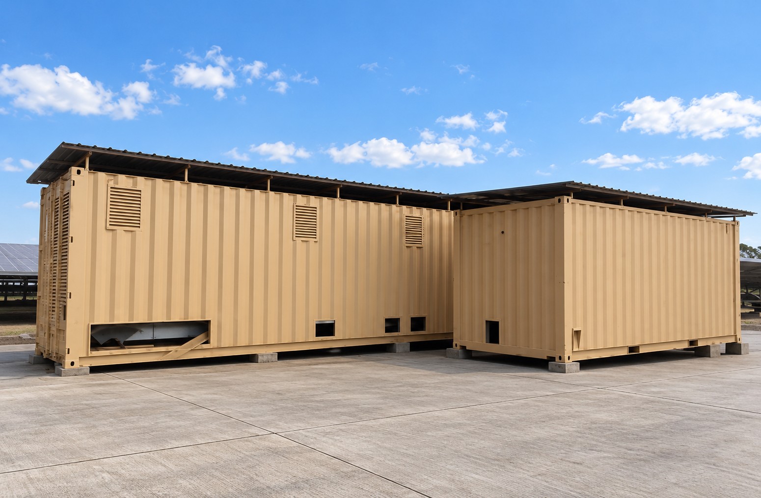 Rear and side elevation of beige containerised solar units with roof canopies and ventilation openings